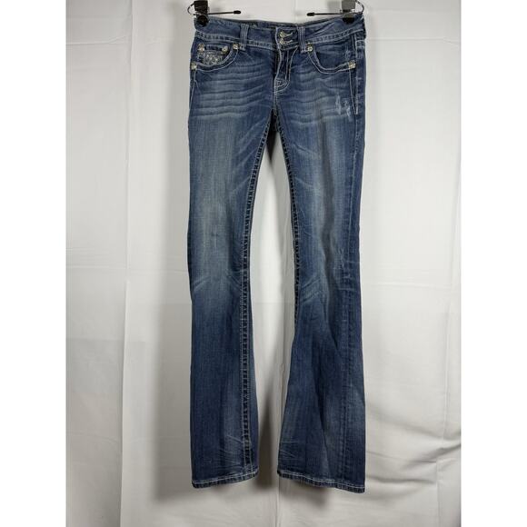 Miss Me JP5002 Bootcut Jeans Sz 27 Rhinestone Lace Pocket Distressed Hem - Picture 1 of 9